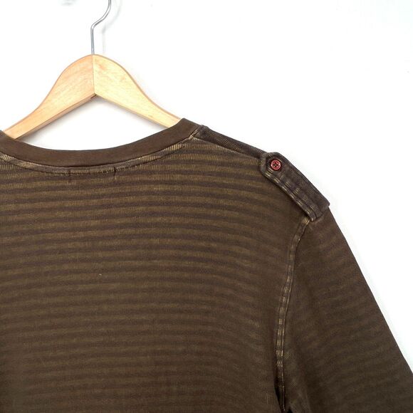 Brown Yellow Striped V Neck Henley Sweater Button Detail Mens Size M Net Man - Picture 8 of 9